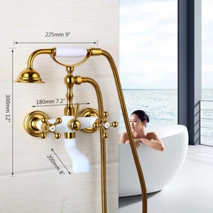 Polished Gold Wall Mount Basin Tub Mixer Taps Hand Held Shower Spray Faucet Set - Picture 1 of 9