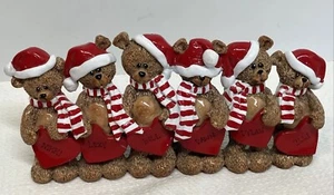 Vintage 2000s Stocking Cap Bears W Hearts-Family Of 6 Tabletop Ornament PO - Picture 1 of 5