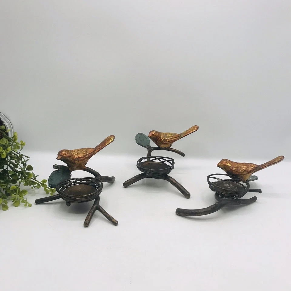 Vintage Ninho de Pássaro Bronze Flores de Pássaro Luz de Chá Suporte de Vela Conjunto de 3 MCM - Imagem 1 de 4