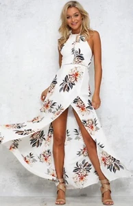 NLW Halter Neck Floral Print Side Split Beach Party Maxi Dress ~ Size L - Picture 1 of 11