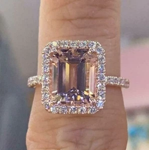 14K Rose Gold Plated 3Ct Emerald Cut Lab Created Morganite Halo Engagement Ring - Picture 1 of 5