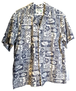 KY's made in Hawaii men's L Hawaiian shirt gray/white graphic designs preowned - Picture 1 of 5