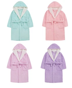 Childrens Girls Warm Winter Plush Plain Pastel Robe with Borg Fleece Trim 2-13yr - Picture 1 of 13