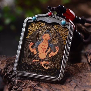 China Tibet Manual Making Tibetan Silver Mosaic Thangka Amulet Pendant 7 - Picture 1 of 2
