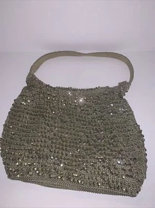 Schultertasche Handtasche Pailletten Schimmer Glitzer Grün/Gold Häkel - Bild 1 von 6