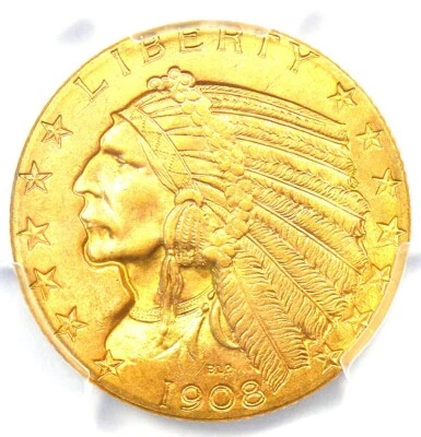 Moneda de 5 dólares de media águila de oro indio de 1908 - graduación profesional MS64+ grado plus - valor de 5.000 dólares Foto 1 de 4