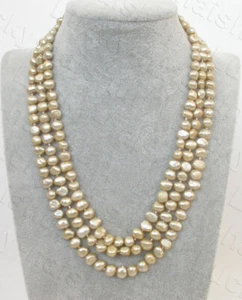 15"-17" 3row 8mm Baroque champagne freshwater pearl bead necklace 18KGP c2198 - Picture 1 of 4
