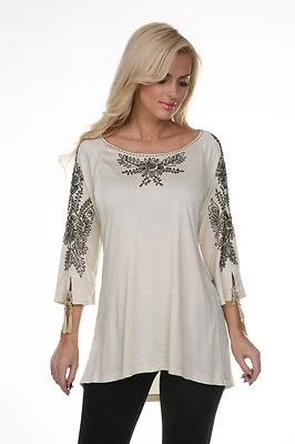 Top túnica para mujer marfil negro Krista Lee ovación bordada adornada rayón Foto 1 de 4
