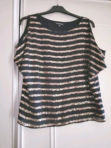 Warehouse| Ladies Navy & Gold Sequin Top | Cold Shoulder| Batwing| Size 10 - Picture 1 of 10