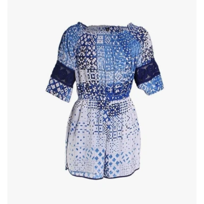 Plenty by Tracy Reese Romper Off-Shoulder Southmoon Under Blue Small - Image 1 of 4