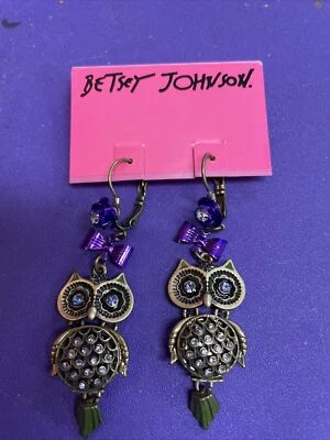 Pendientes colgantes de búho Betsey Johnson de segunda mano con diamantes de imitación •Raros• Foto 1 de 4