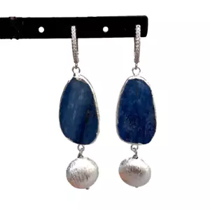 Natural Blue Kyantie With Electroplated Edge Silver Color Brushed Bead Earrings - Picture 1 of 6