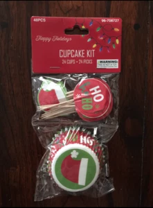CHRISTMAS HOLIDAY SANTA CUPCAKE TOPPERS AND LINERS PARTY SUPPLIES SET OF 24 - Picture 1 of 2
