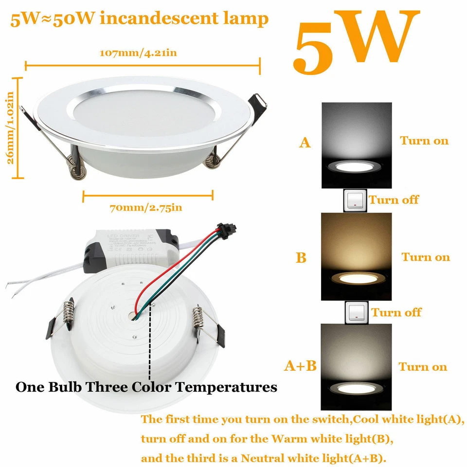 Downlight LED 3 Colores Luz Retráctil Empotrado 85-265v 3w-18w Blanco Lámpara Hogar - Imagen 1 de 1
