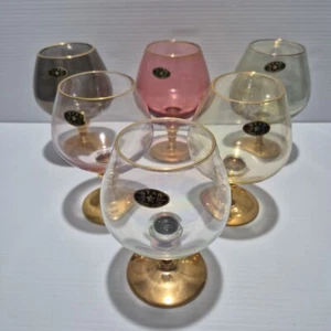 Vintage Star Hand-Made Set of 6 Harlequin Brandy Cognac Liquer Glasses Gold Stem - Picture 1 of 9