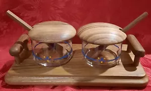 Vintage Genuine Teak Wood Goodwood Serving Tray W/ 2 Glass Jars Teak Spoons Lids - Picture 1 of 13