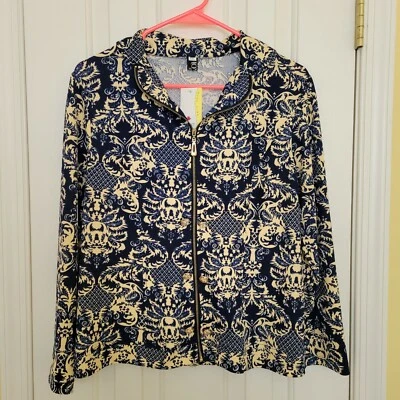 NUEVO CON ETIQUETAS Azul Marino Beige Damasco Barroco Estampado Chaqueta Ligera con Cremallera y Cuello Redondo Foto 1 de 4