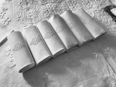 Linge Ancien 4 Grandes Serviettes De Mariage Damassé De Soie Monogramme H M - Photo 1/4