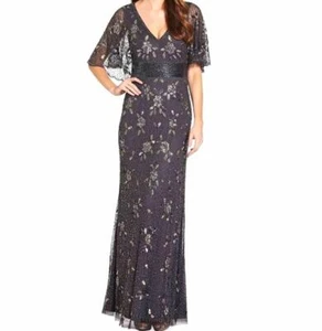 $530 Adrianna Papell Women's Gray Beaded Cape Sleeve Long Maxi Sheath Dress Sz 6 - Picture 1 of 1
