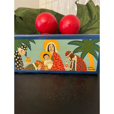 Arte Vintage Tropical Navidad - María, Jesús, 3 Reyes Magos sobre Bloque de Madera Foto 1 de 4