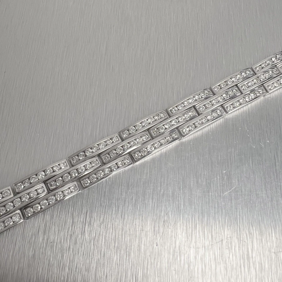 18k White Gold Diamond 3 Row Interlocking Link 12mm Chain Bracelet 7" 7.56ctw - Image 1 of 4