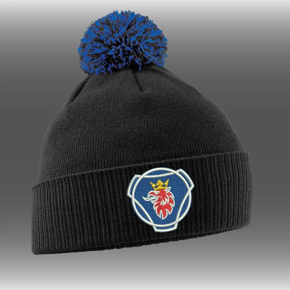 BEECHFIELD Pom Pom Beanie - Black/Royal Blue - with Embroidered Scania Logo - Trucker