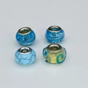 Brighton Glass Charm Beads Set of 4 Blue Aqua Swirl & Marble Design Silver Core - Picture 1 of 6