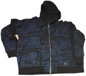 Felpa con cappuccio e zip True Religion 3XL blu nera grafica marca Buddha World Tour 100% C - Foto 1 di 11