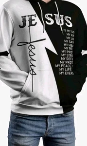 All Over Print Hoodie Mens XXL White/Black Full Zip "Jesus" Printed Polyester  - Picture 1 of 7