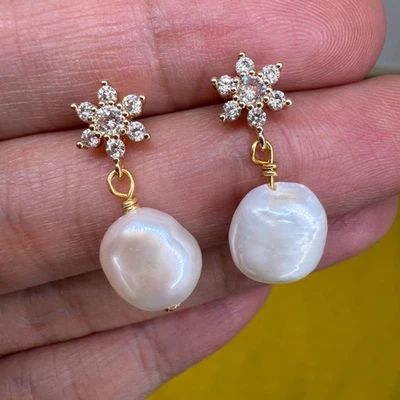 Natural Freshwater Pearl Earrings 14K Gold Plated Zircon Snowflake Jewelry NEW - image 1 of 4