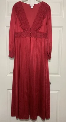 VTG Shadowline Full Length Gown Red Long Sleeve Maxi Nightgown Cottagecore Large - Image 1 of 4