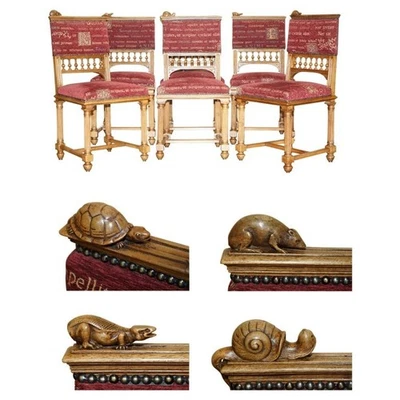 SIX ANTIQUE FRENCH WALNUT DINING CHAIRS DEPICTING A FROG SNAIL LIZARD TORTOISE - Image 1 of 4