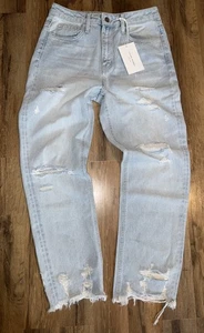 Flying Monkey SUPER HIGH RISE DISTRESSED STRAIGHT JEANS 27/5 Icy Blue Frayed Hem - Picture 1 of 8