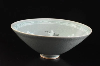 U4460: Coreano Goryeo celadon Nube Grúa Incrustación Muffle Pintura TAZÓN DE TÉ Tenmoku Foto 1 de 4