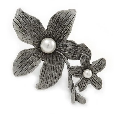 Broche/Colgante Doble Flor con Perlas Tono Peltre Inspirado Vintage - 75 mm Foto 1 de 4
