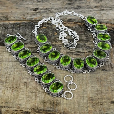 Unico Peridoto Gemma 925 Argento Sterling Gioielli Collana Bracciale Set Regalo - Immagine 1 di 4