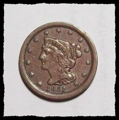 Medio centavo cabello trenzado 1851 gran color baja tasa de supervivencia bonito original en estado bastante bueno #24D50 Foto 1 de 2