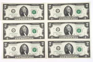 6 Consecutive Serial Number Series 2017A  US $2 Dollar Bills Uncirculated - Picture 1 of 10