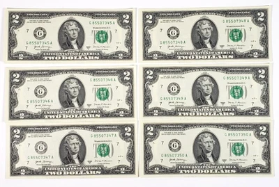6 Consecutive Serial Number Series 2017A  US $2 Dollar Bills Uncirculated - Image 1 of 4