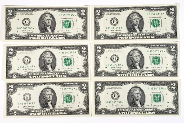 6 Consecutive Serial Number Series 2017A  US $2 Dollar Bills Uncirculated - Image 1 of 4