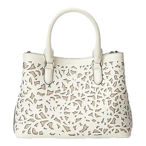 Lauren Ralph Lauren Handbag Marcy II Floral Perforated White Leather Satchel - Picture 1 of 12