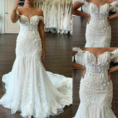 Elegant Off Shoulder Mermaid Wedding Dresses Lace Applique SweepTrain Bride Gown - Image 1 of 4