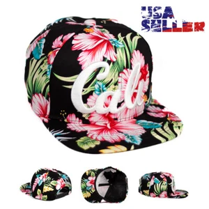 CALI Snapback Hat Flat Bill Adjustable Hawaiian Floral Embroidered Baseball Cap - Picture 1 of 7