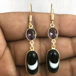 Plata de Ley Ágata Y Amatista Oro / Chapado en Oro Rosa Pendientes Bonito Regalo - Imagen 1 de 6