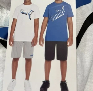 Puma Youth Boys 4 PCS -Outfit Set, 2 Shirts, 2 Short (White/Grey, M-10/12) NWT - Picture 1 of 4