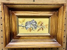 Vintage Miniature Owl Painting on Canvas Framed Art Signed H.P.L.