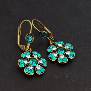 Michal Negrin Earrings Blue Bright Flower With Swarovski Crystals Turquoise New - Picture 1 of 12