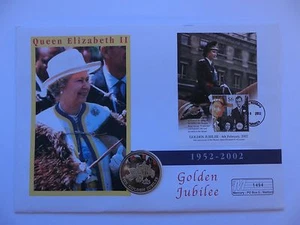 2002 FDC 50 PENCE QUEEN GOLDEN JUBILEE DOMINICA FALKLANDINSELN FARBMÜNZE  - Bild 1 von 6