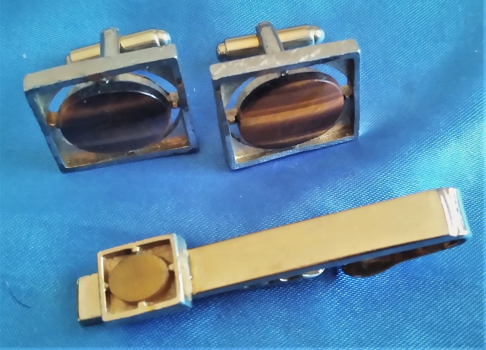 Gemelos vintage ojo de tigre Dante con barra de clip de corbata a juego Foto 1 de 2