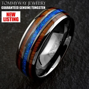8mm Gunmetal Grey Tungsten Blue Opal w/ Wood Stripes Wedding Band Ring - Picture 1 of 11